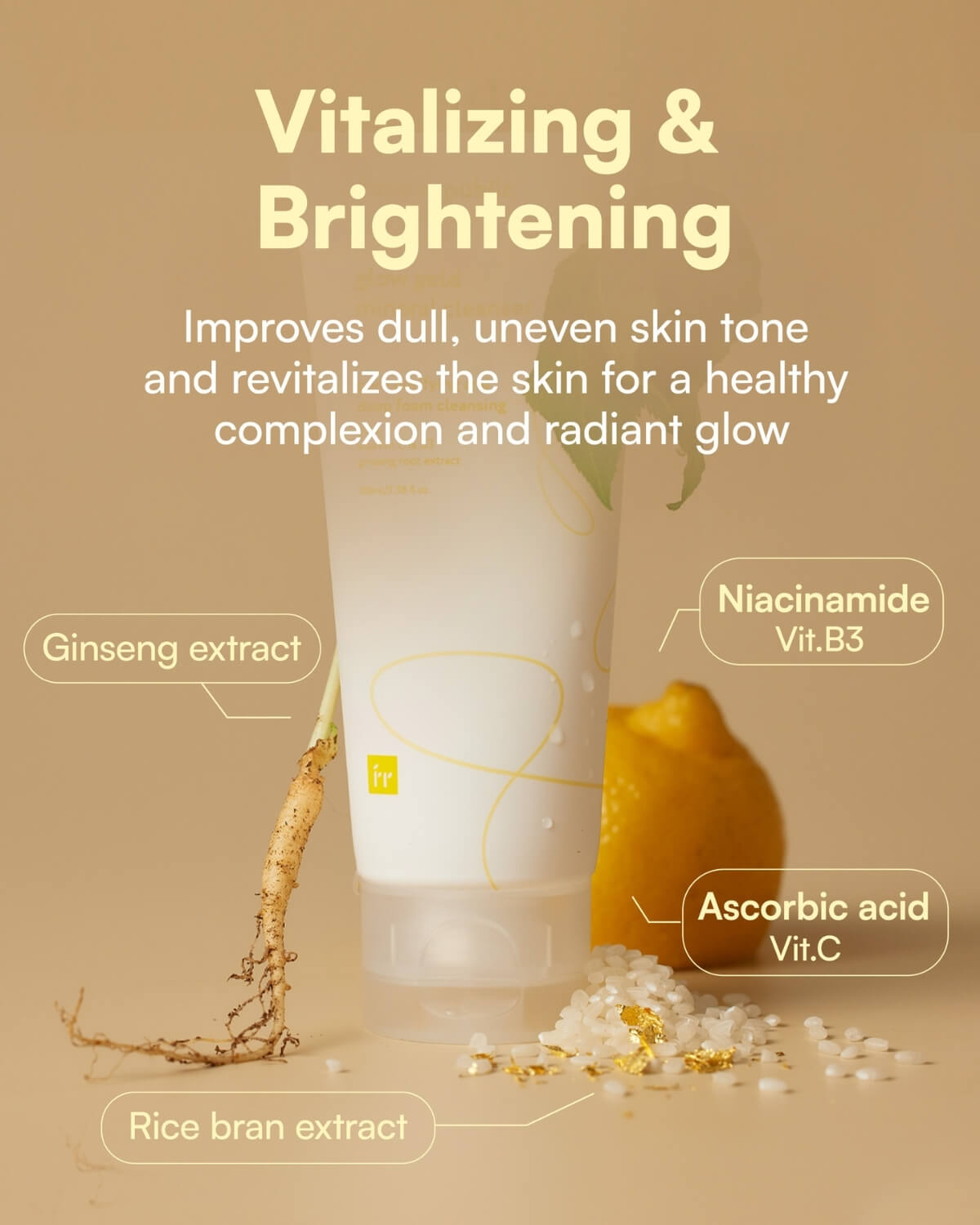 Face Republic Glow Gold Mineral Cleanser with ingredients: Ginseng, Rice Bran, Niacinamide, and Vitamin C.