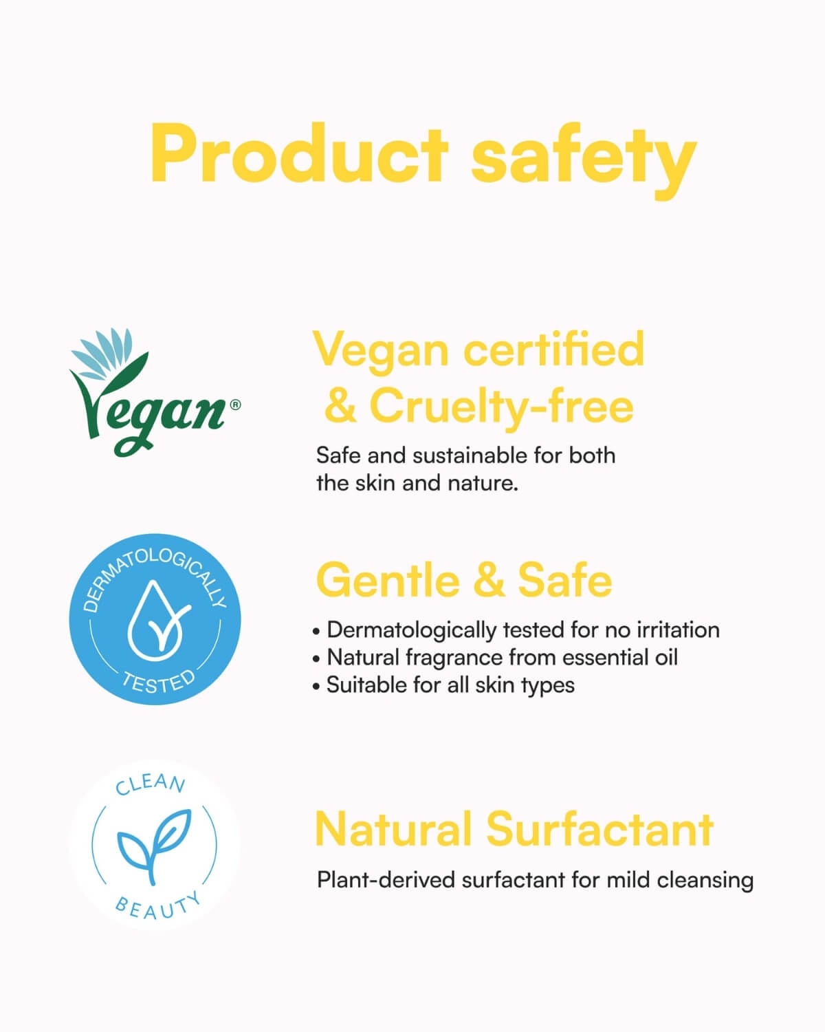 Product safety info for Face Republic cleanser: Vegan certified, cruelty-free, dermatologically tested, and natural surfactants.