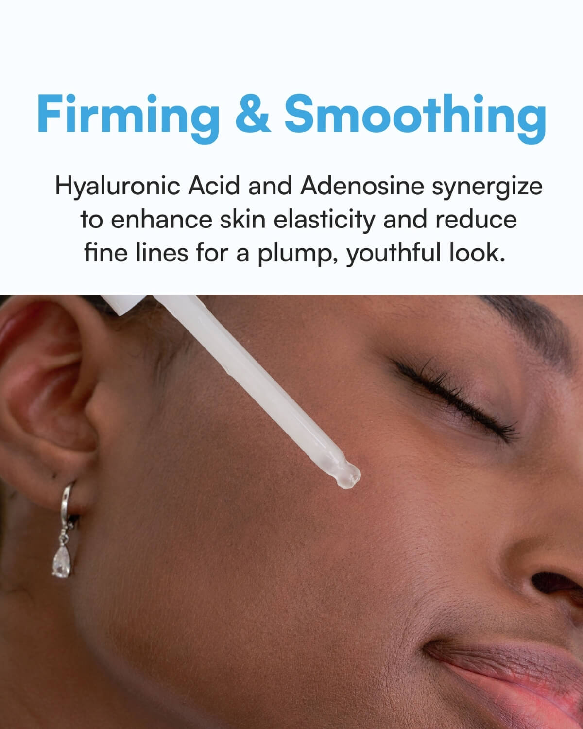 Application of firming serum on skin for elasticity and fine lines.