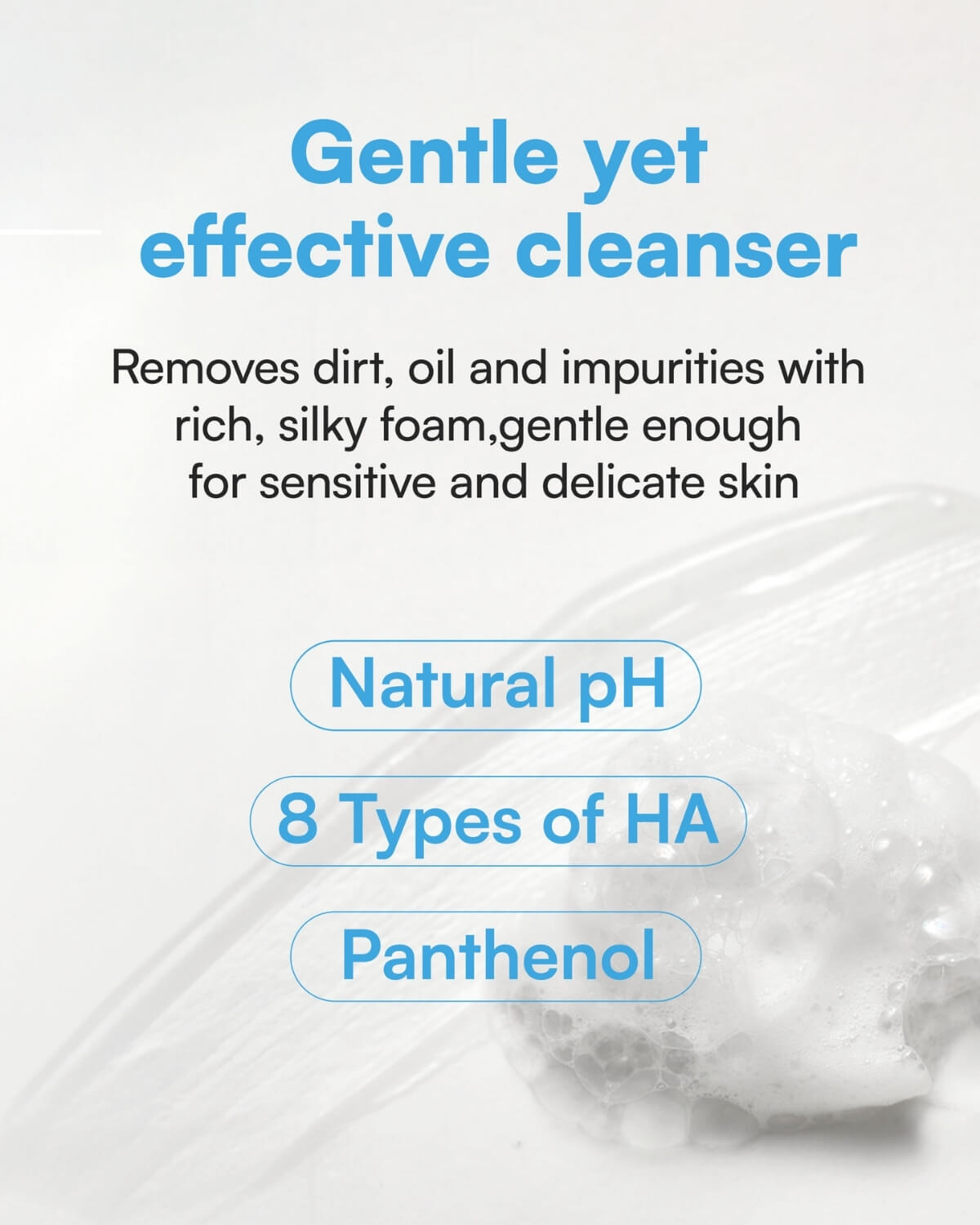 Text overlay for Face Republic cleanser highlighting 8 types of Hyaluronic Acid, Panthenol, and natural pH.