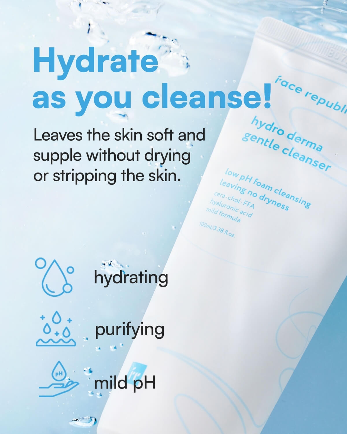 Product infographic showing Face Republic cleanser features: hydrating, purifying, and mild pH.