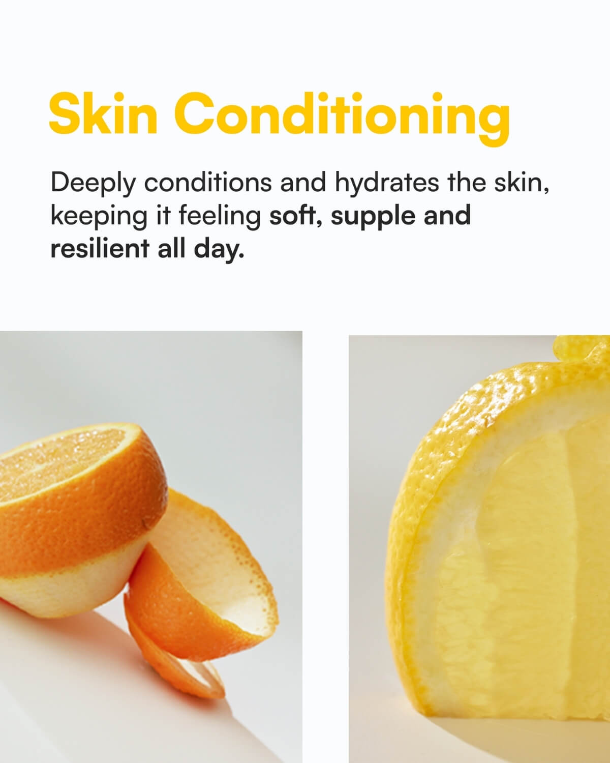 Skin conditioning benefits of Face Republic serum featuring citrus fruit imagery.