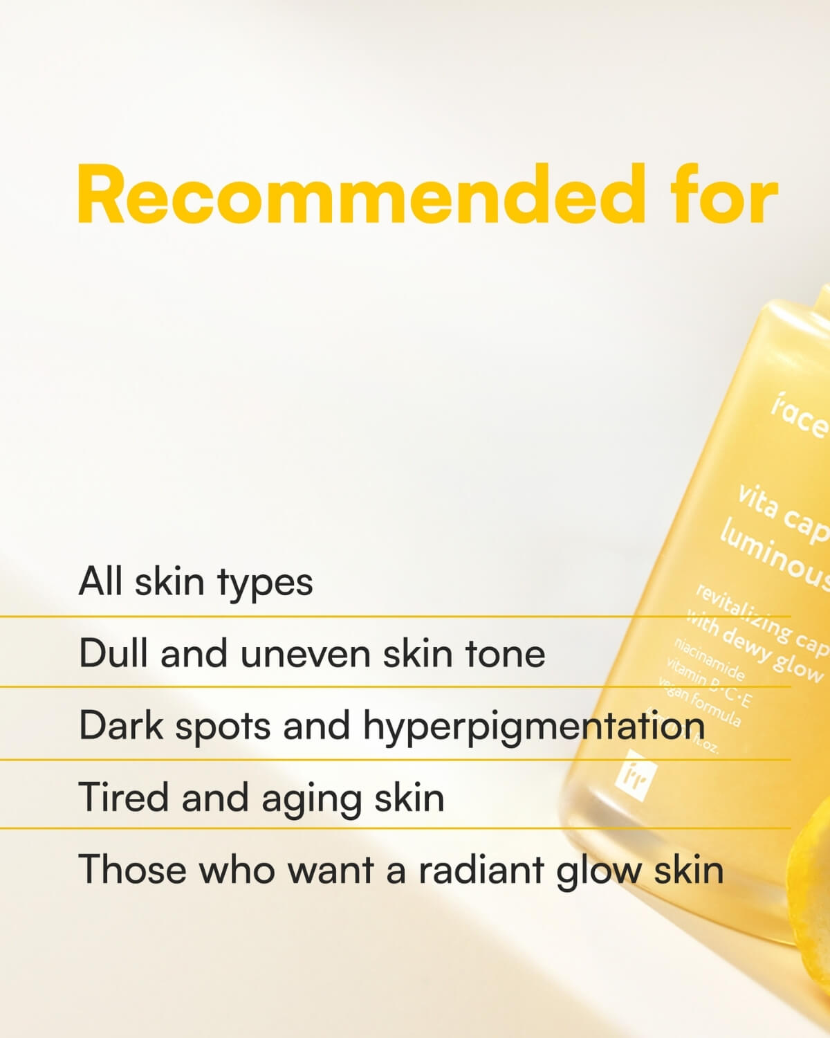 List of skin concerns treated by Face Republic serum including dark spots and hyperpigmentation.