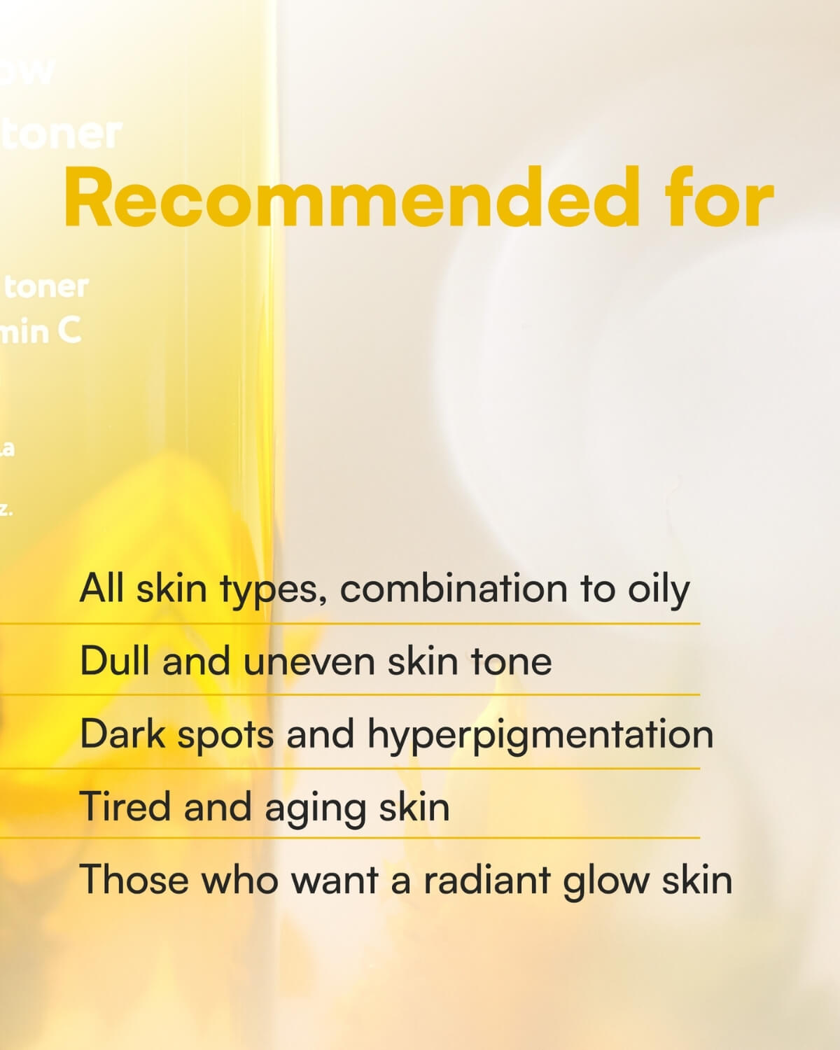 Recommended skin types for Vita Glow Niacin Toner including dull and uneven skin tone.