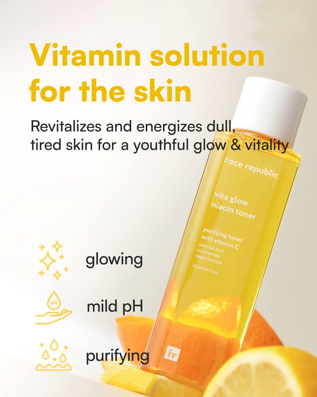 Face Republic Vita Glow Niacin Toner bottle with vitamin C and niacinamide benefits.