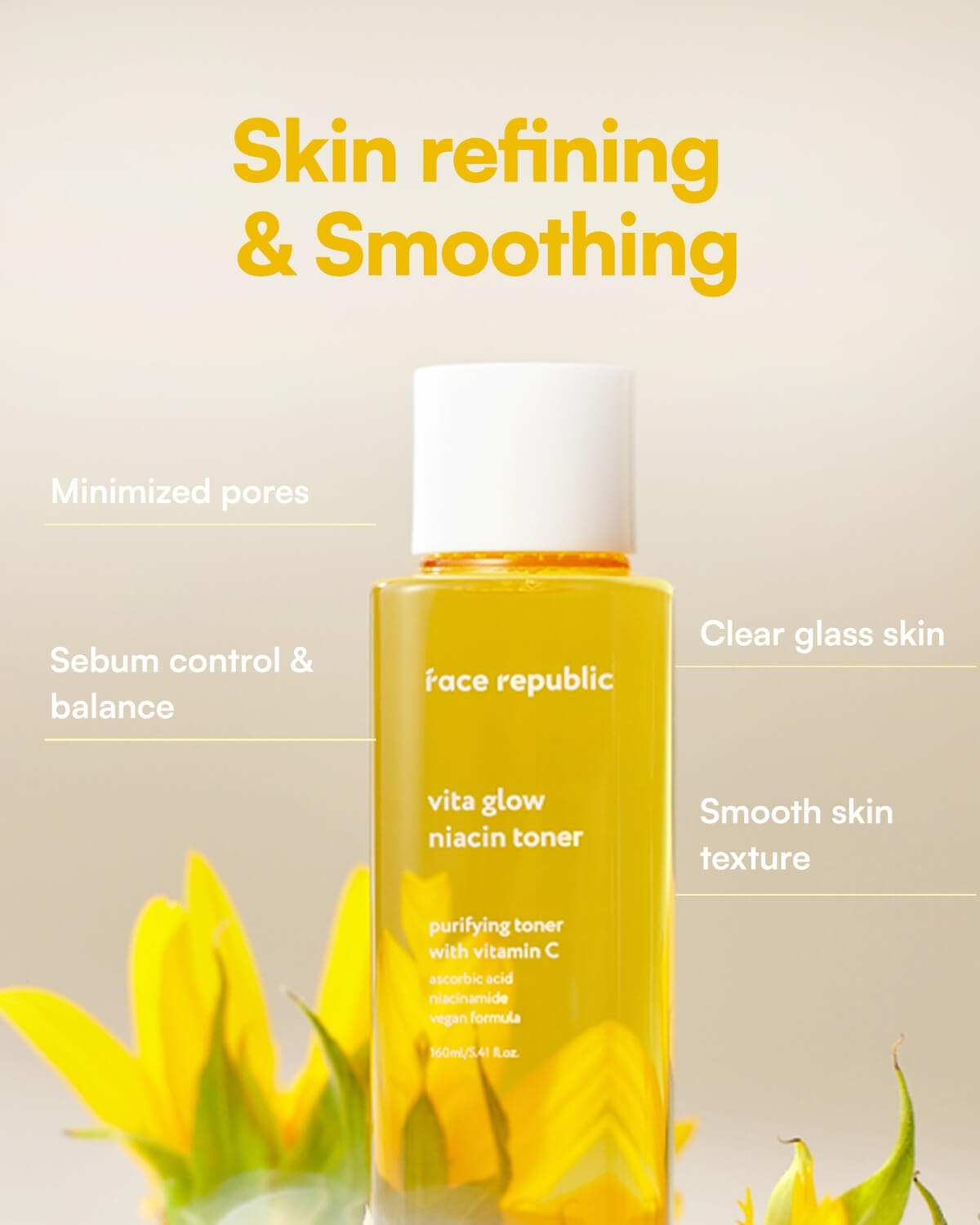 Skin refining features of Vita Glow Niacin Toner: minimized pores and glass skin texture.