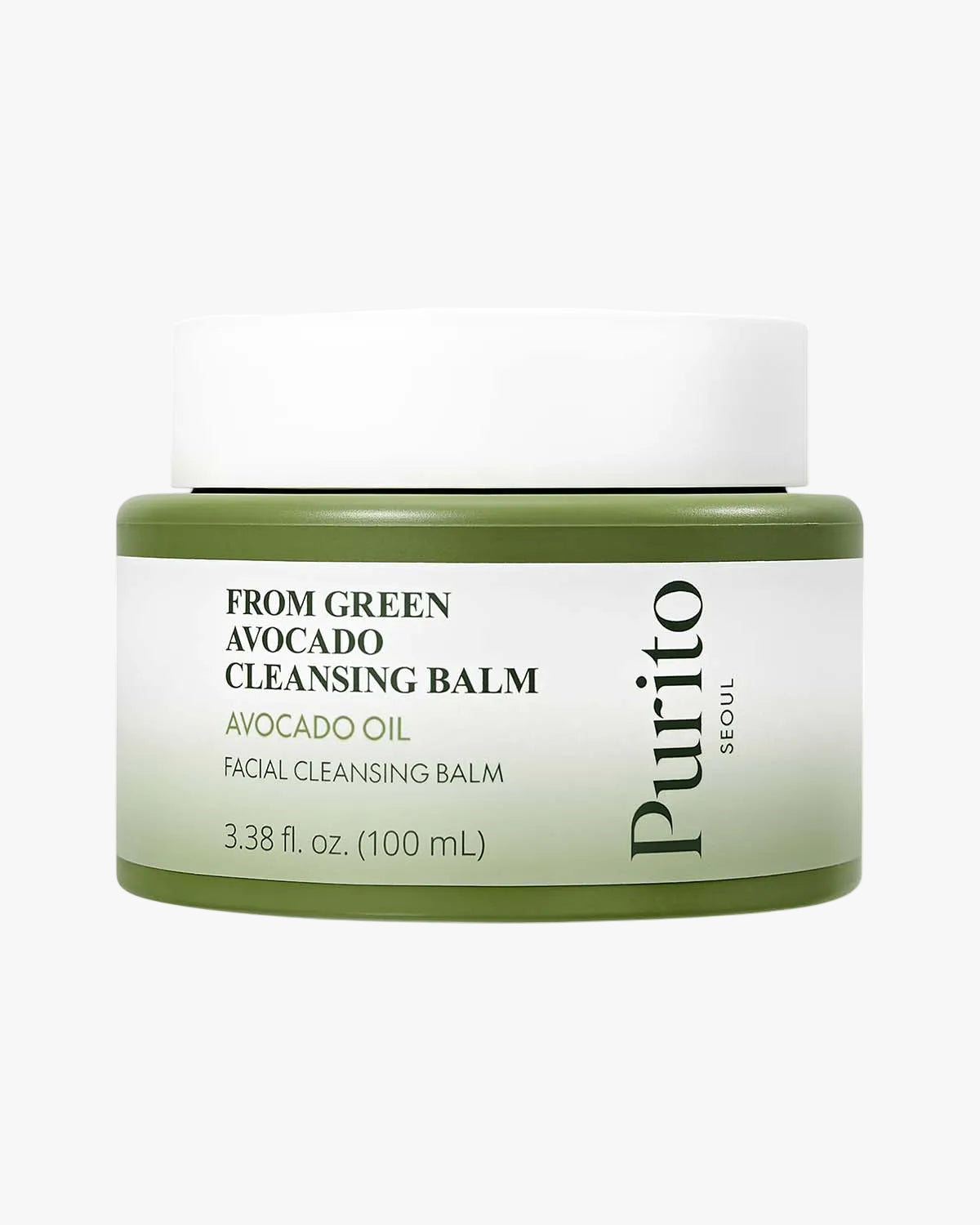 Front view of Purito From Green Avocado Cleansing Balm in a green jar with a white lid.