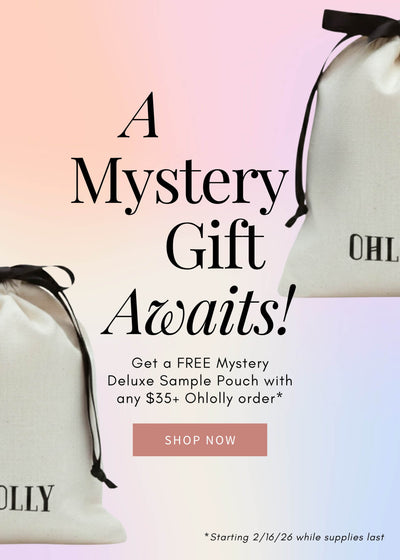 Promotional graphic for Ohlolly with text about a free mystery gift and a 'Shop Now' button.