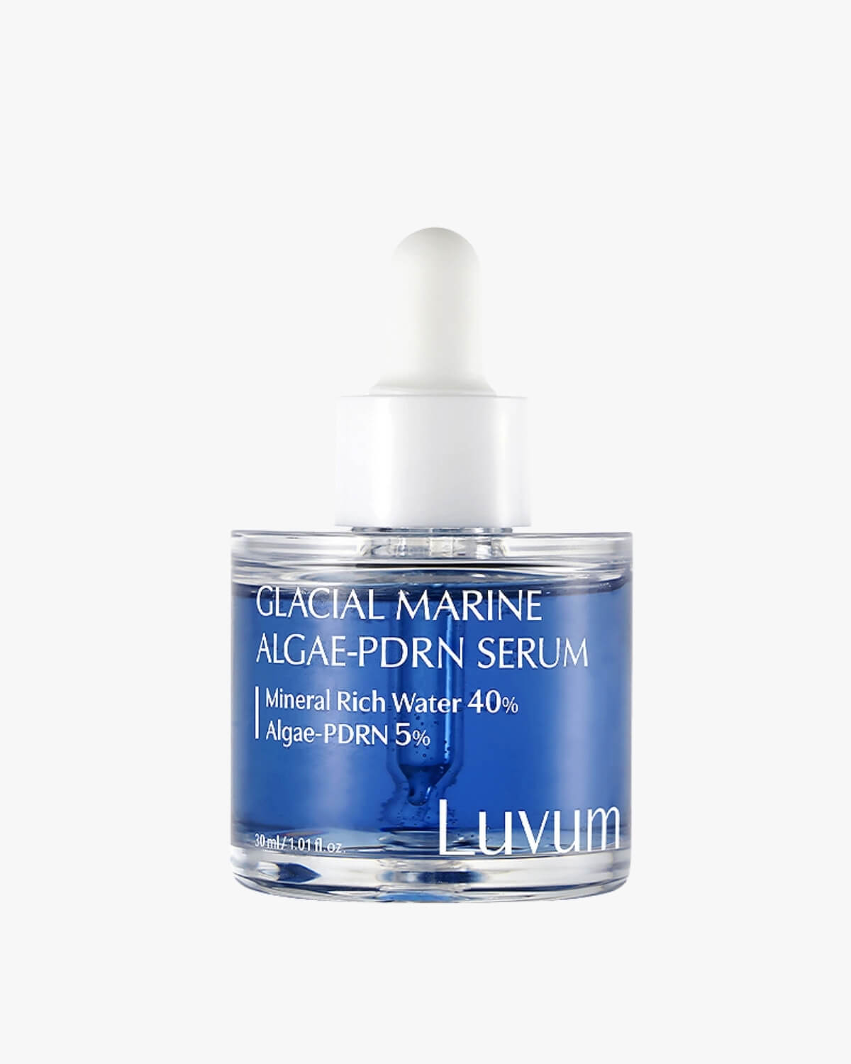 Luvum Glacial Marine Algae-PDRN Serum bottle with white dropper on a clean white background.