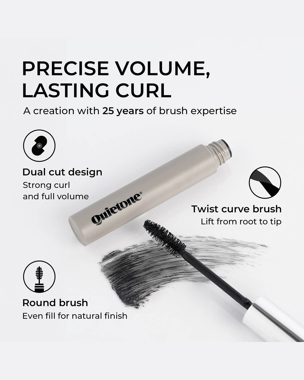 Quietone Glam Gigantic Mascara tube highlighting twist curve round brush for precise volume and lasting curl.