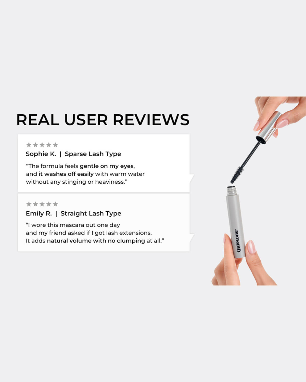 Real user reviews for Quietone mascara highlighting gentle formula, easy removal, and natural volume.
