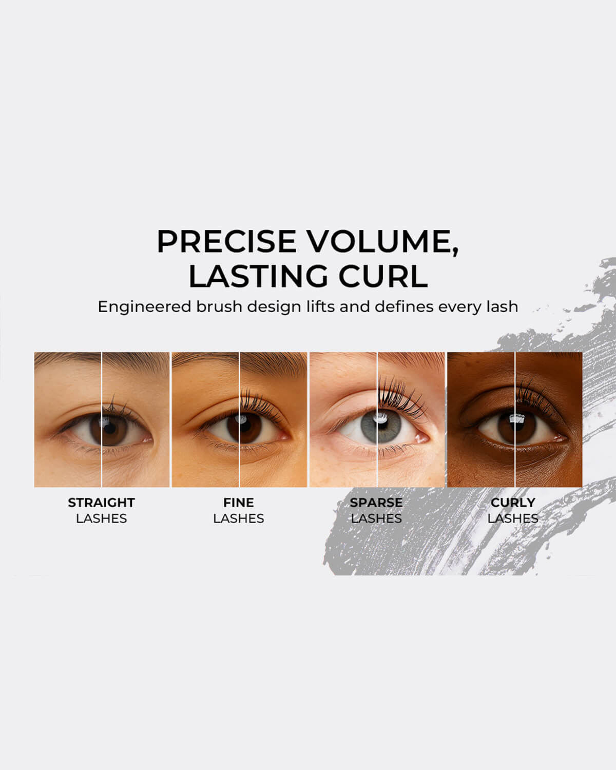 Before and after mascara results across various lash types including straight, fine, sparse, and curly.