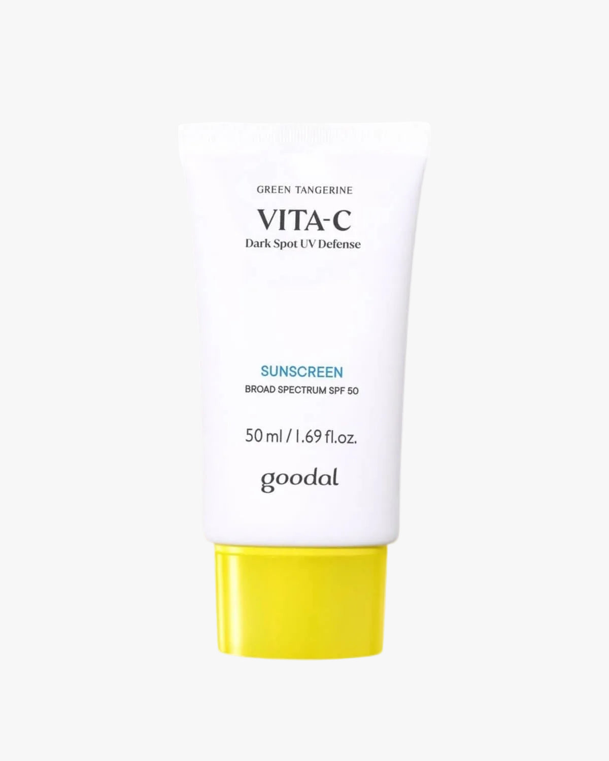 Goodal Green Tangerine Vita-C Dark Spot UV Defense Sunscreen SPF 50 tube isolated on a crisp white background.