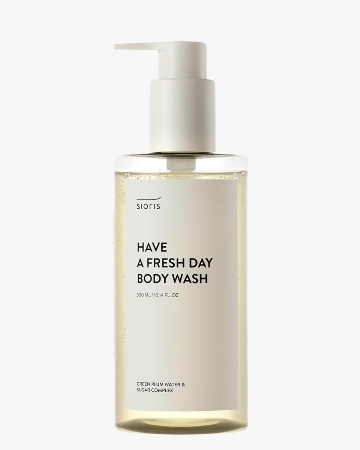 Sioris Have a Fresh Day Body Wash pump bottle filled with clear liquid on a plain off-white background.