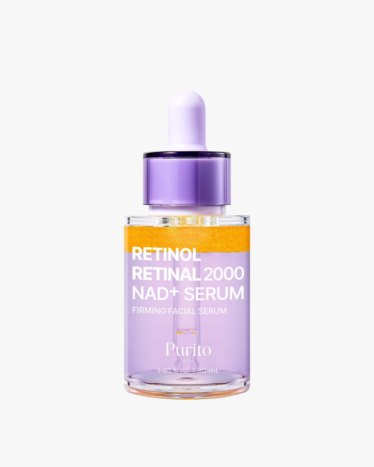 Purito Seoul Retinol Retinal 2000 NAD+ Serum in a clear bottle with a purple dropper cap.