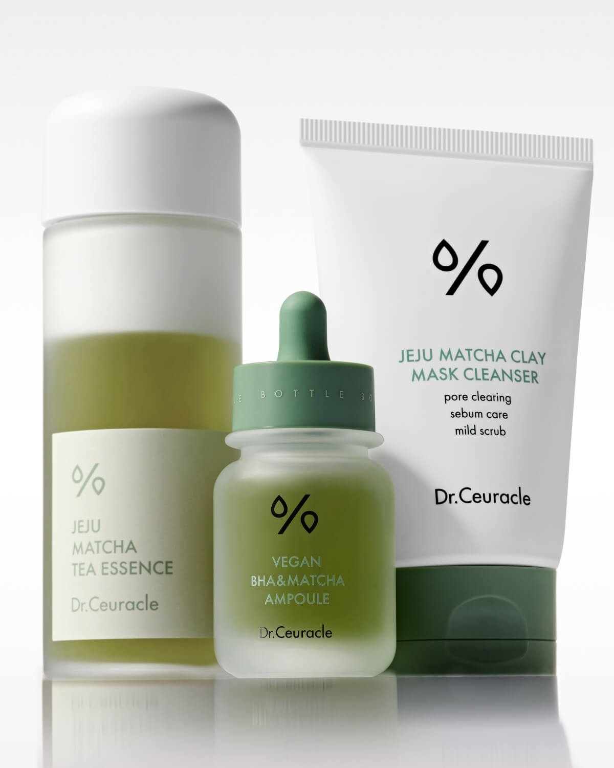 Dr. Ceuracle Jeju Matcha Tea Essence, Vegan BHA & Matcha Ampoule, and Clay Mask Cleanser set.