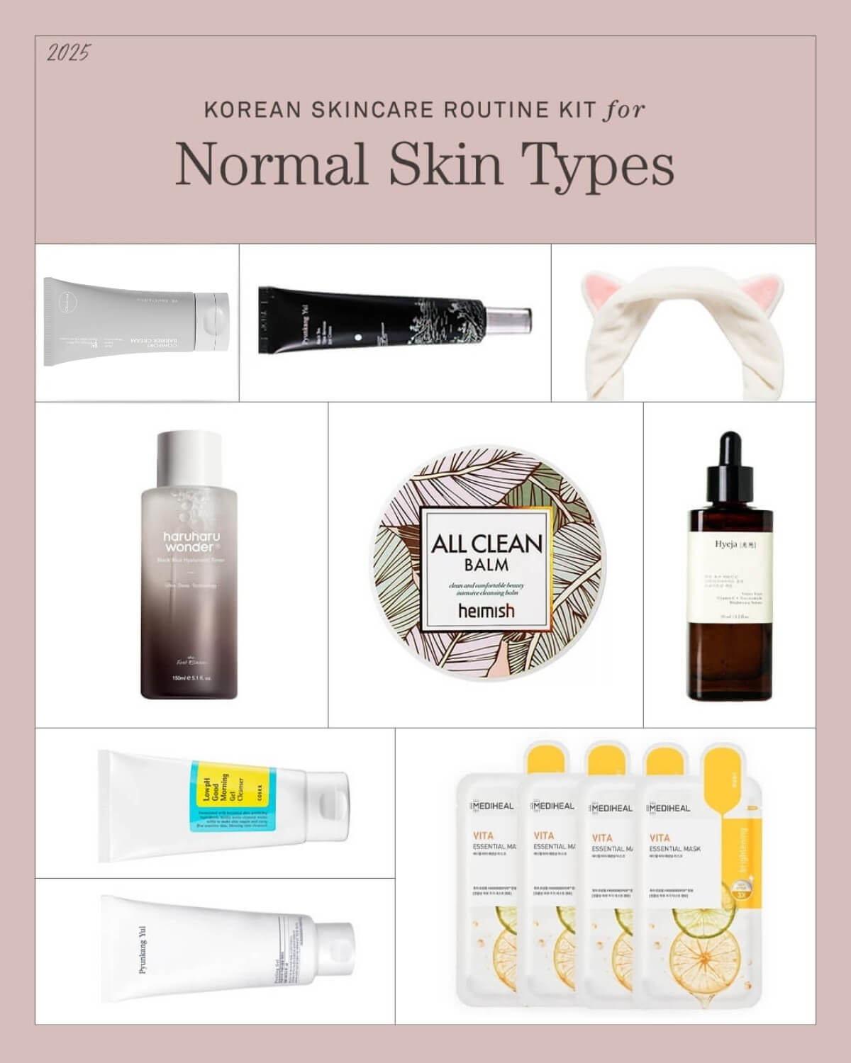 Image titled "Korean Skincare Routine Kit for Normal Skin Types" showing a flat lay of nine popular K-beauty products, including cleanser, toner, balm, essence, moisturizer, and sheet masks, plus a white cat-ear headband.