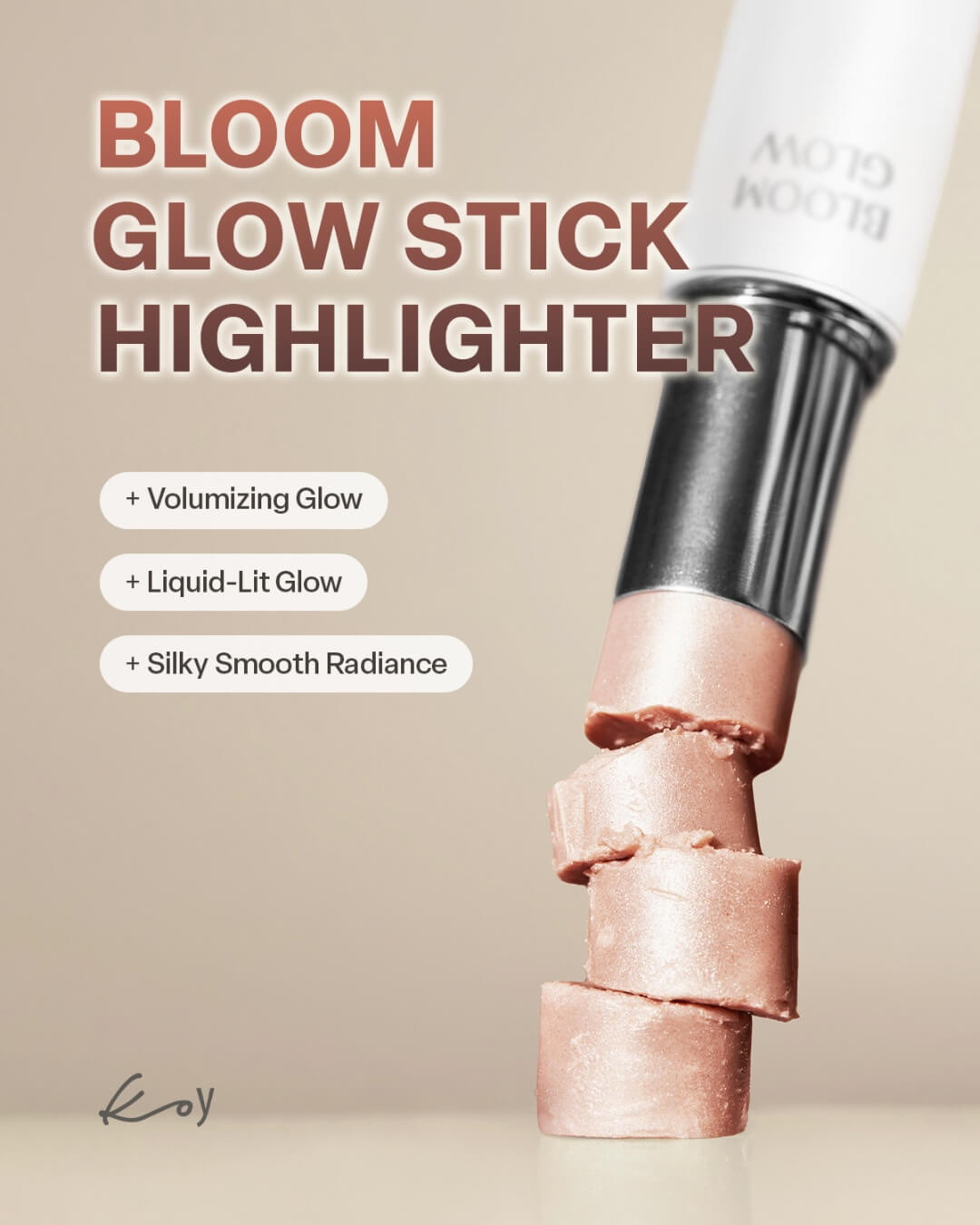 Infographic for Koy Bloom Glow Stick Highlighter showing sliced pieces of the shimmery cream makeup stick.
