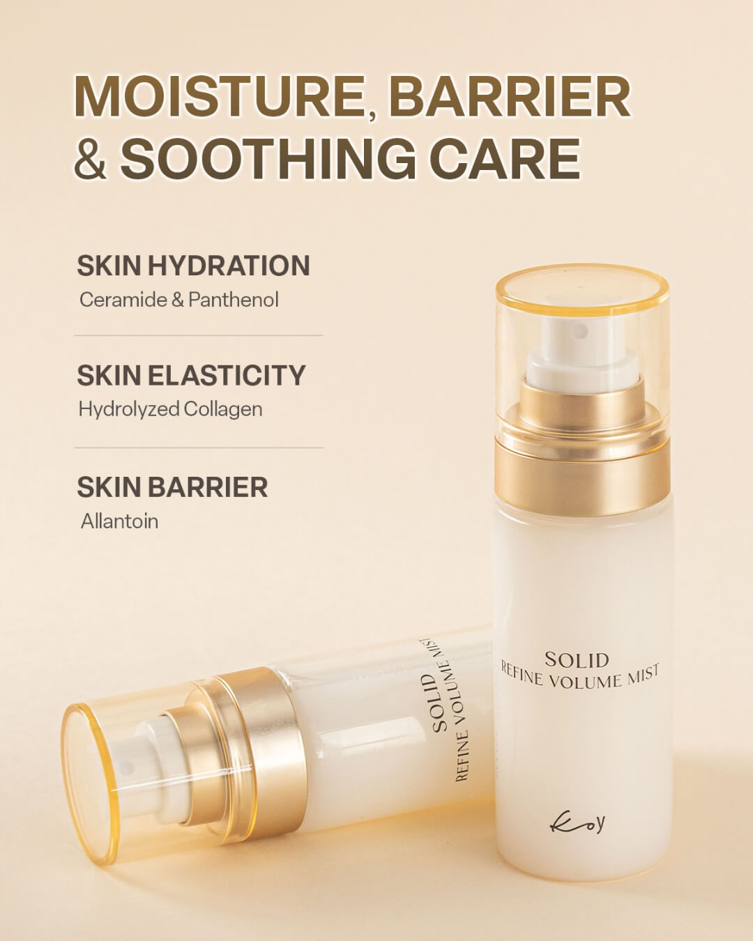 Two bottles of Koy Solid Refine Volume Mist showcasing moisture, barrier, and soothing care skin benefits.