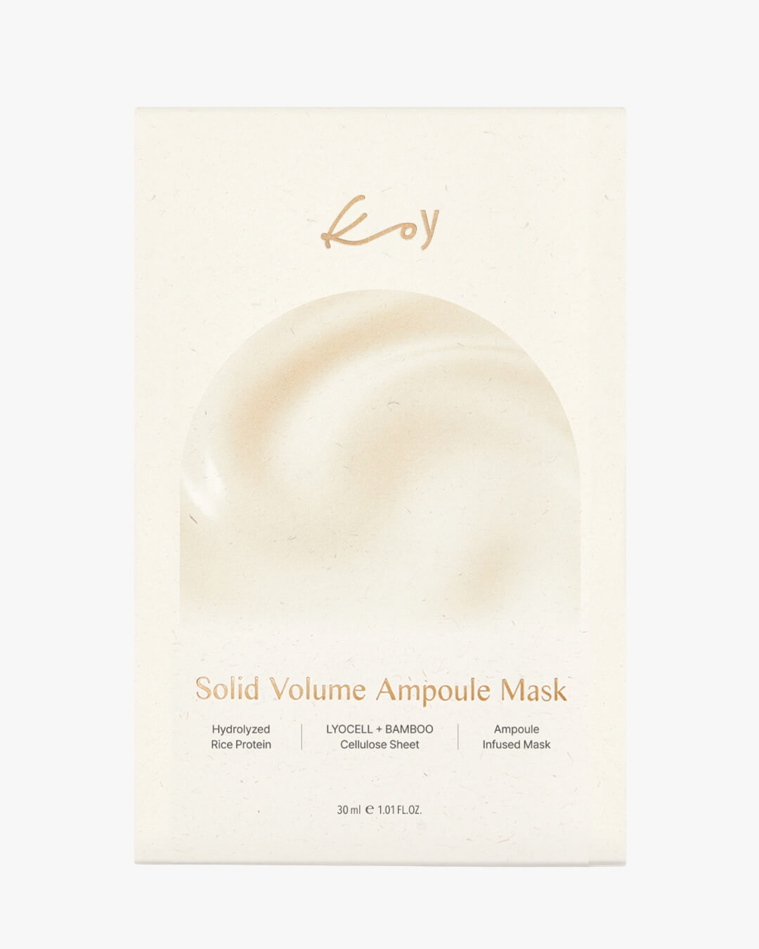 Koy Solid Volume Ampoule Mask packaging featuring hydrolyzed rice protein and lyocell bamboo cellulose sheet.