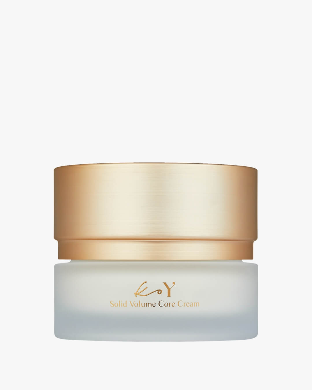 Koy Solid Volume Core Cream frosted jar with a brushed gold metallic lid against a crisp white background.