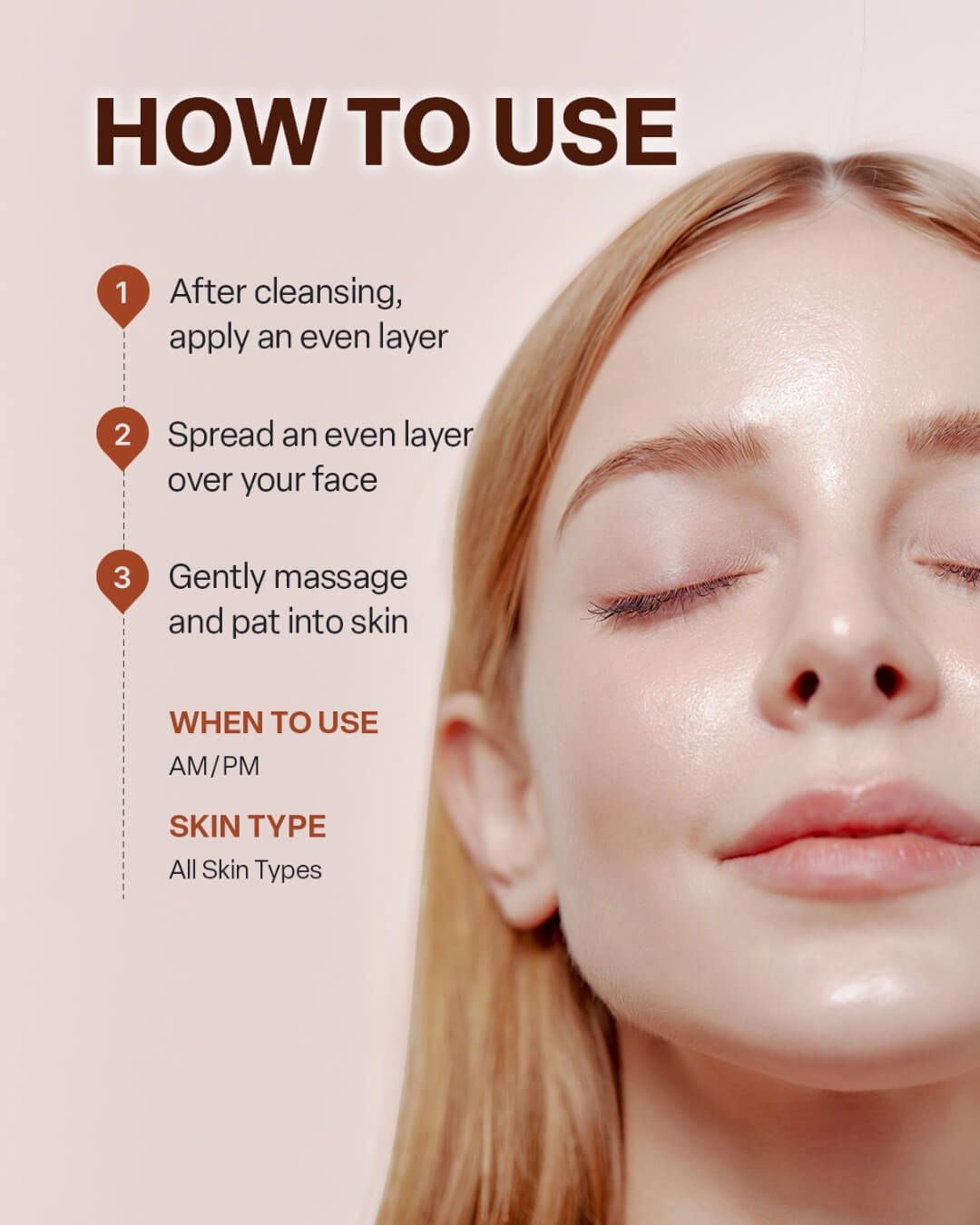 How-to-use guide next to a model with glowing, hydrated skin showing three steps for applying the facial toner.