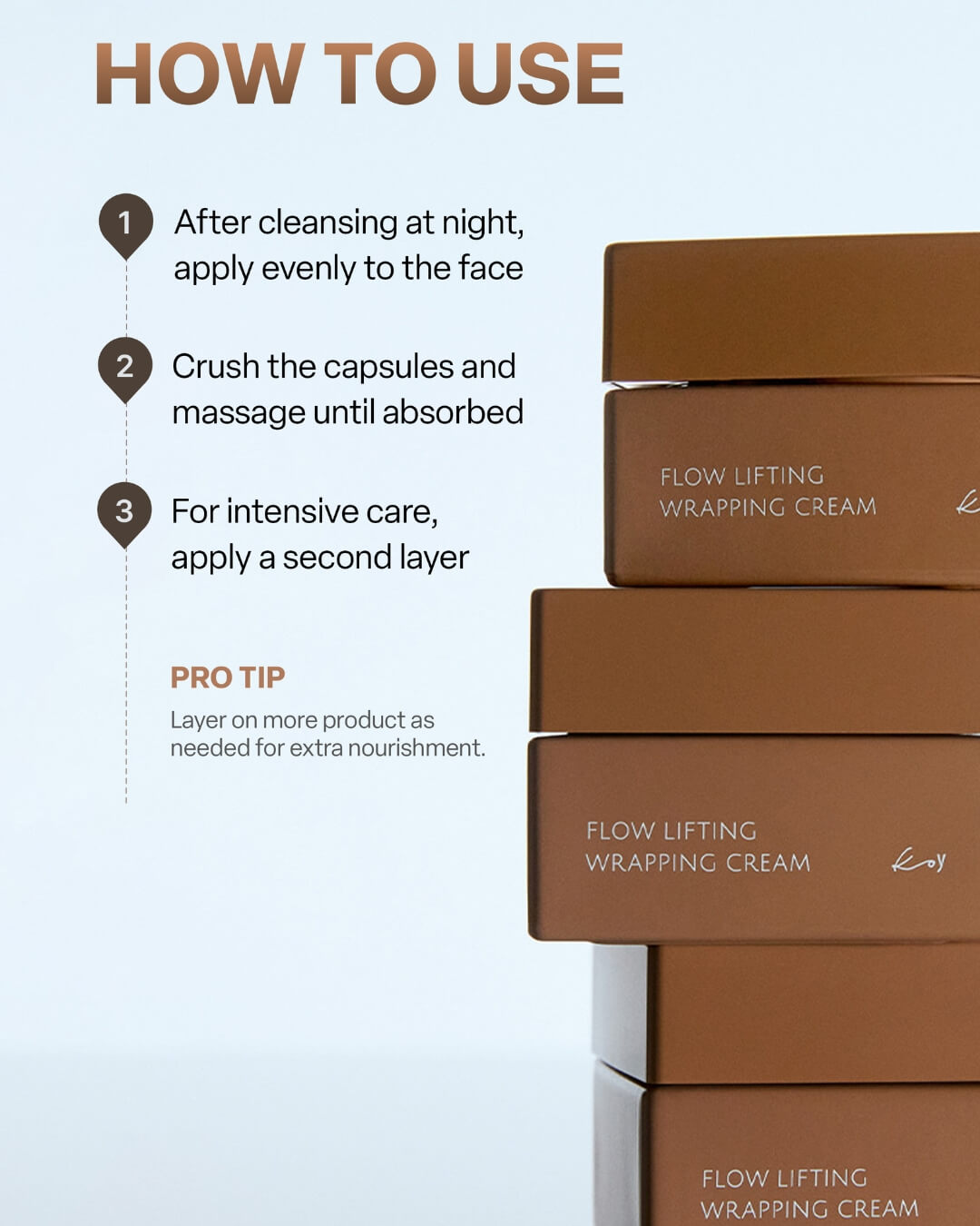 How to use instructions for Koy Flow Lifting Wrapping Cream stacked next to brown product packaging.