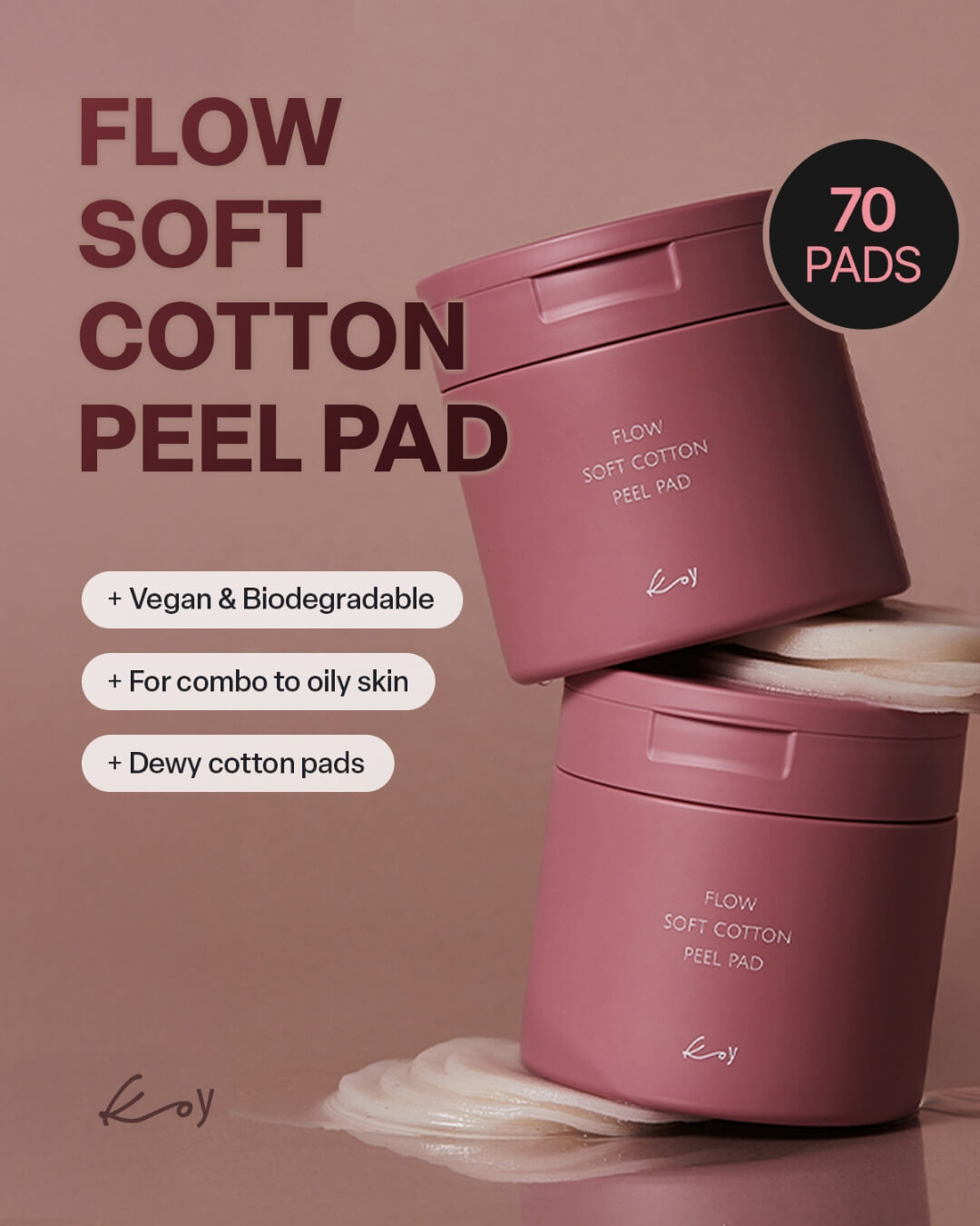 Product info for Koy Flow Soft Cotton Peel Pad highlighting its vegan, biodegradable cotton pads for oily skin.