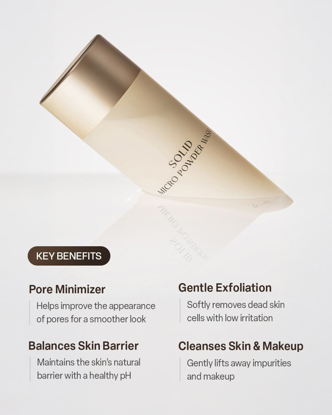 Koy Solid Micro Powder Wash bottle on a reflective surface with text listing key skincare benefits.