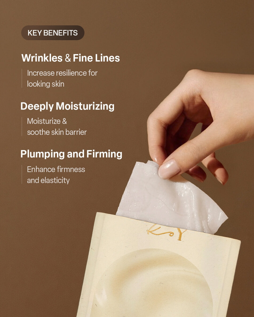 Key skin benefits of Koy Solid Volume Ampoule Mask for wrinkles, moisturizing, plumping, and firming.