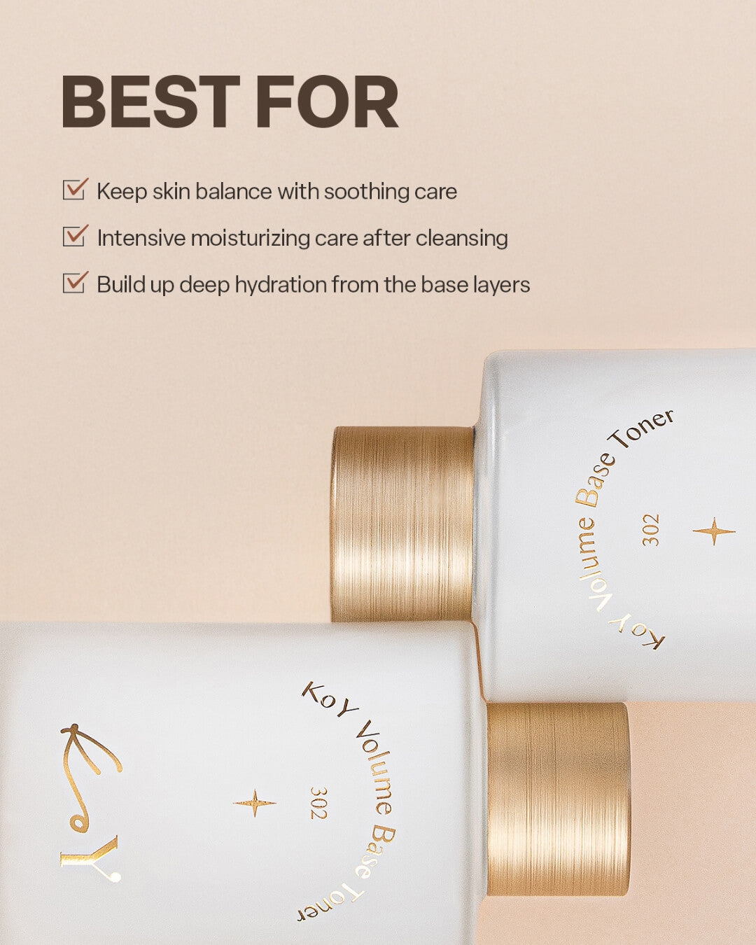 Close-up of two KoY Volume Base Toner bottles lying flat with text highlighting key skin benefits.
