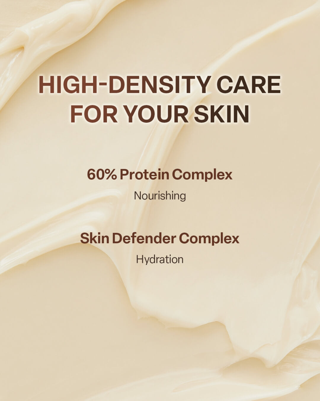 Creamy texture of high-density moisturizer with text highlighting a 60% protein complex for skin hydration.