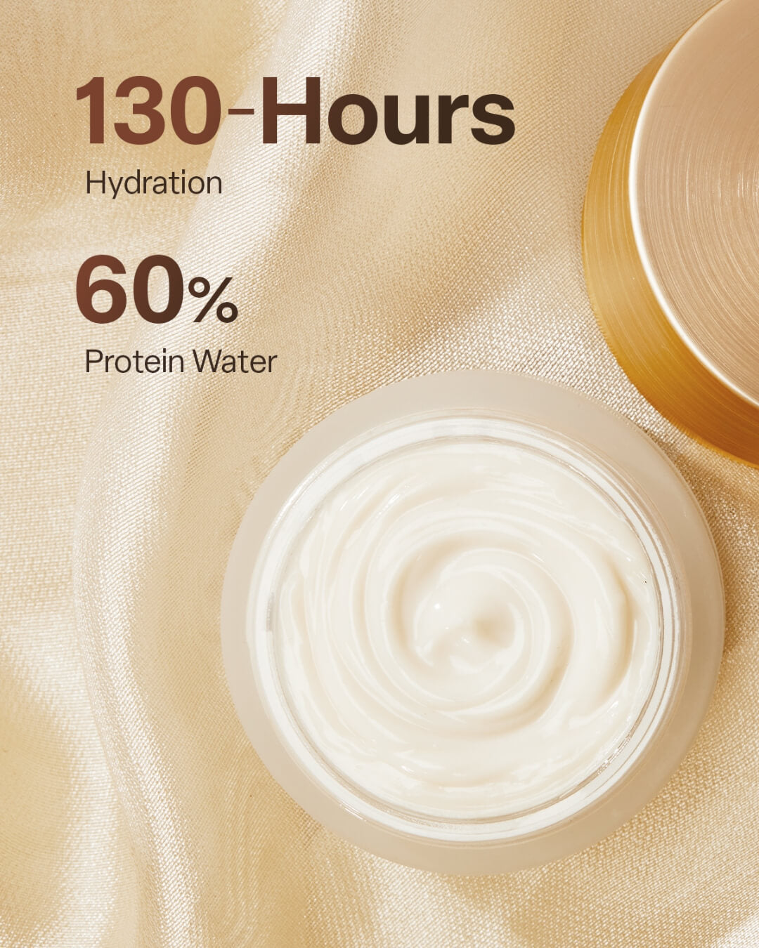 Top view of an open jar showing swirling face cream with text highlighting 130 hours of long-lasting hydration.