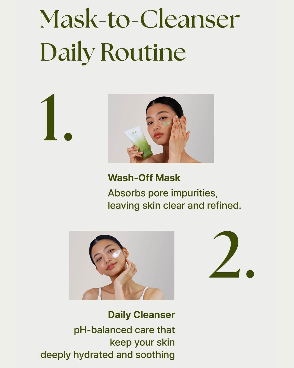 Two-step daily skincare routine showing how to use as a wash-off mask and a daily cleanser.