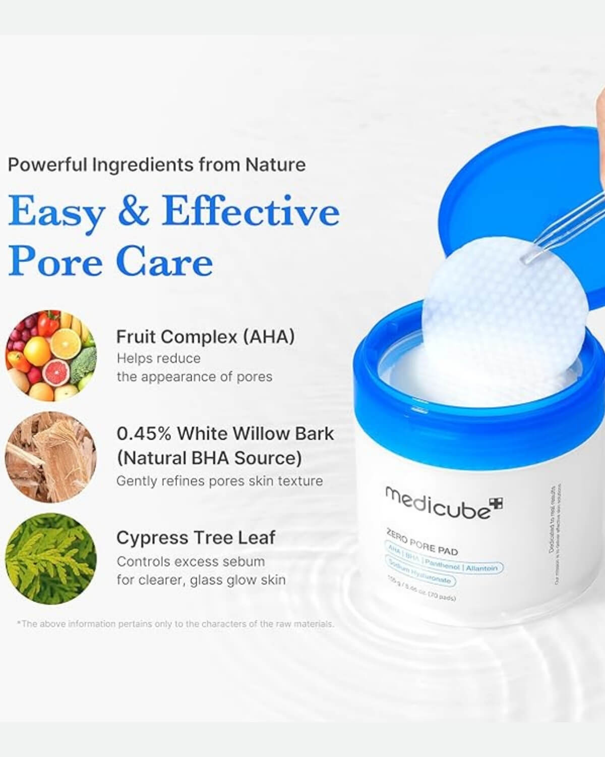 Medicube Zero Pore Pad 2.0, infographic - powerful ingredients from nature, Easy & effective pore care, Fruit complex AHA, BHA, Cypress Tree Leaf