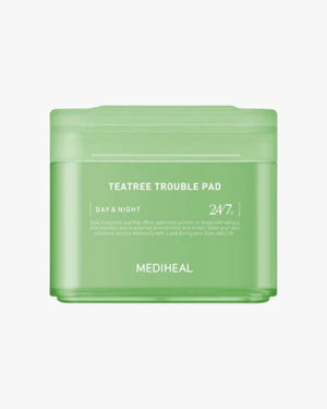 Mediheal Tea Tree Trouble Pad jar in light green, highlighting the 'TEATREE TROUBLE PAD' title and 'DAY & NIGHT' usage label.