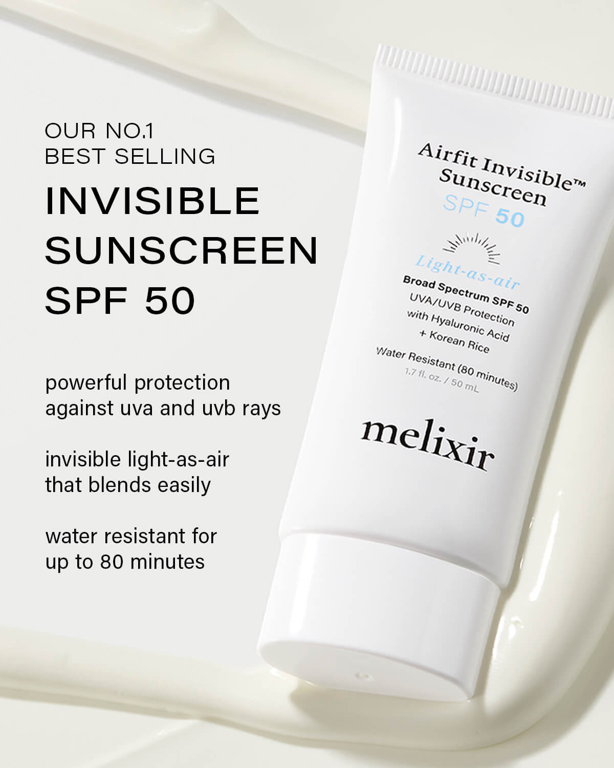 Melixir Airfit Invisible Sunscreen_Invisible Vegan Sunscreen with Korean Rice and Hyaluronic Acid