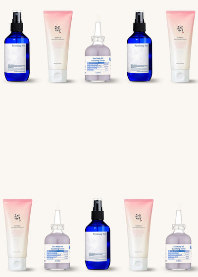 Two rows of product images with dropshadow  lined up against a light background color.