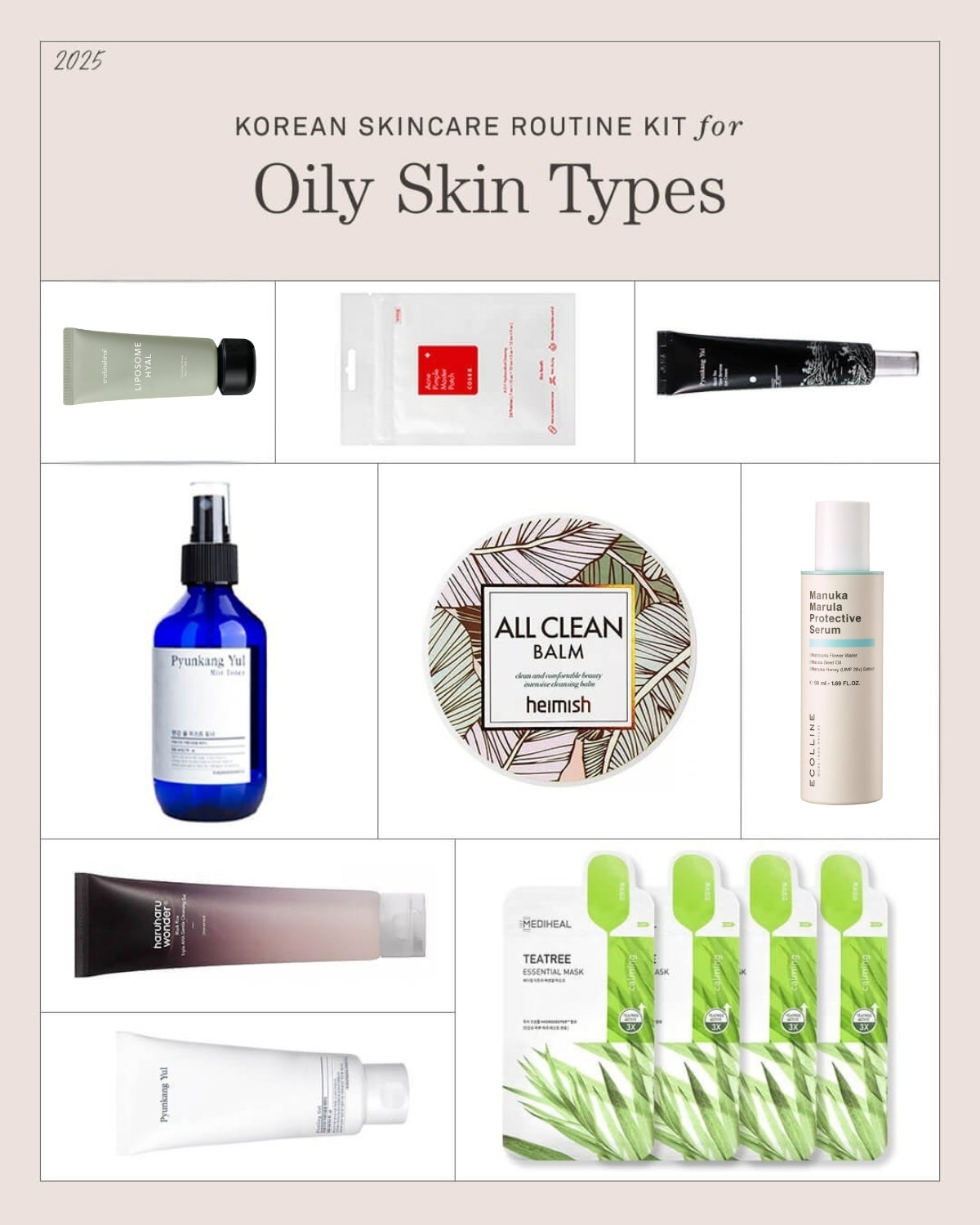 Collage of various Korean skincare products in an image titled "KOREAN SKINCARE ROUTINE KIT for Oily Skin Types."