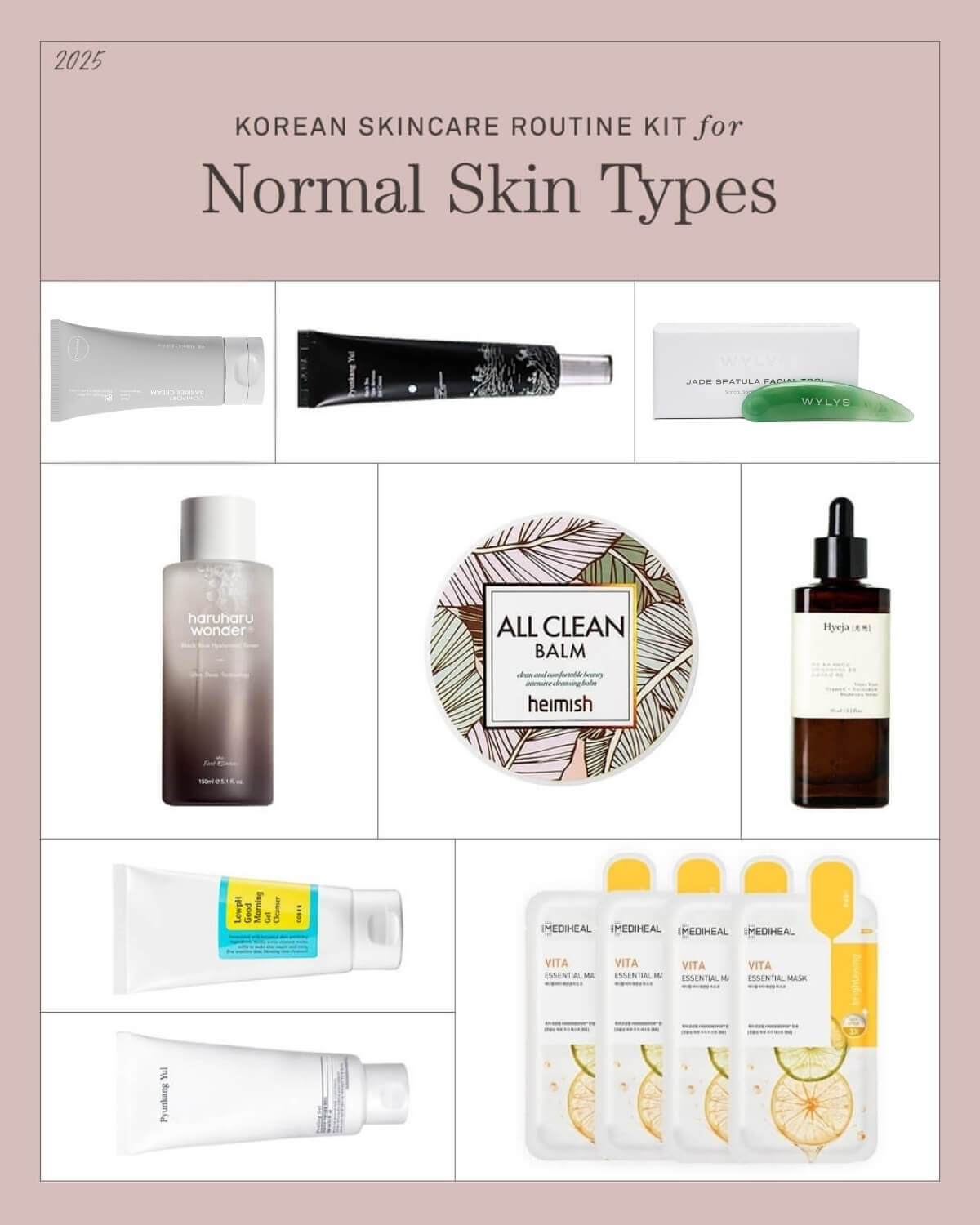 K-Beauty Routine Kit for Normal Skin Types. Collage featuring Heimish All Clean Balm, Haruharu Wonder Toner, and Mediheal sheet masks.