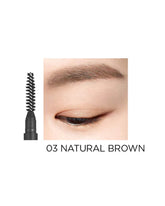 A split-screen image showing the precise application of the Peripera Speedy Skinny Brow. On the left is the spoolie brush, and on the right is a model's eyebrow perfectly filled with the 03 Natural Brown shade, emphasizing a soft, defined finish.