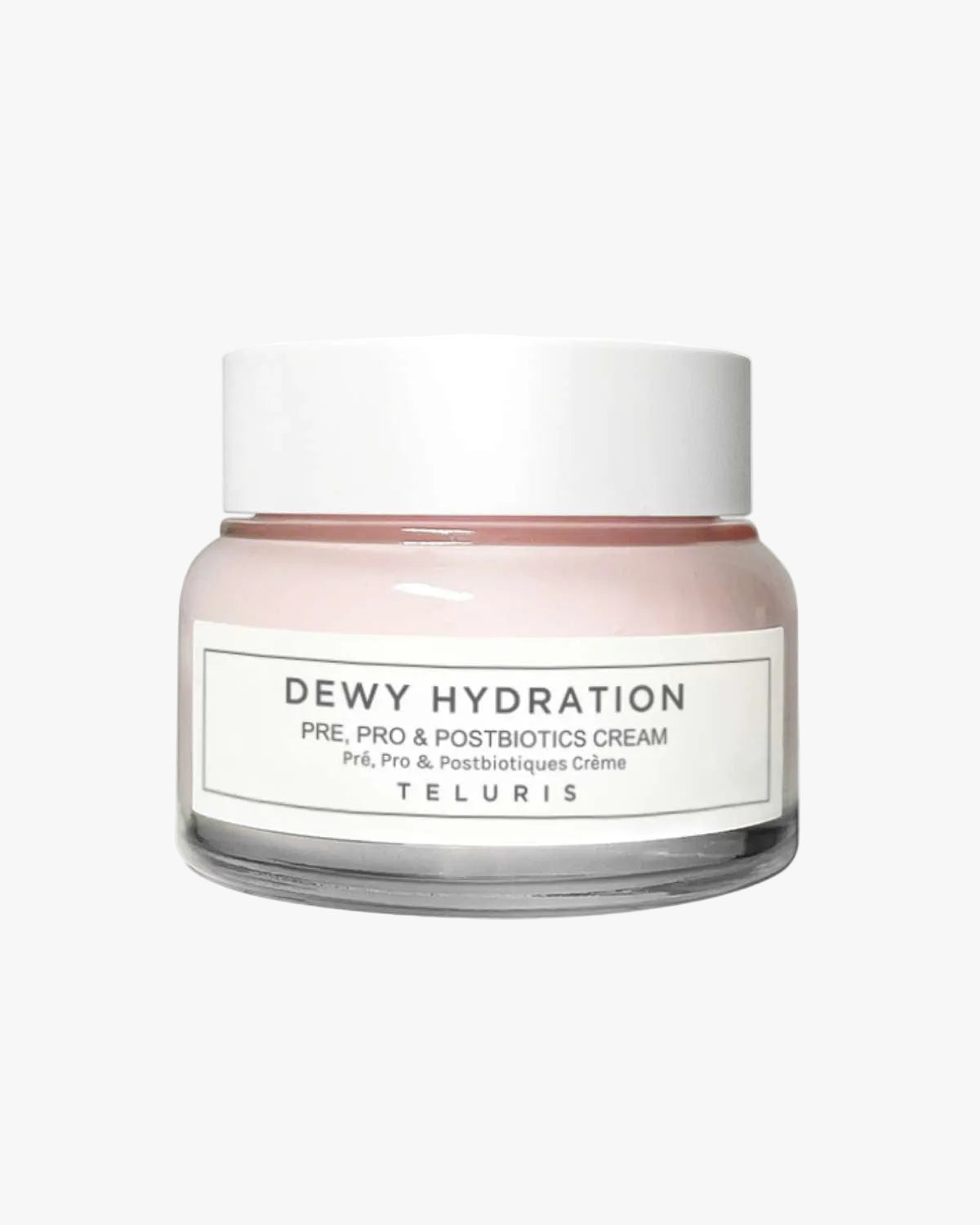 Teluris Dewy Hydration Cream jar with Pre, Pro, and Postbiotics for a healthy skin microbiome.