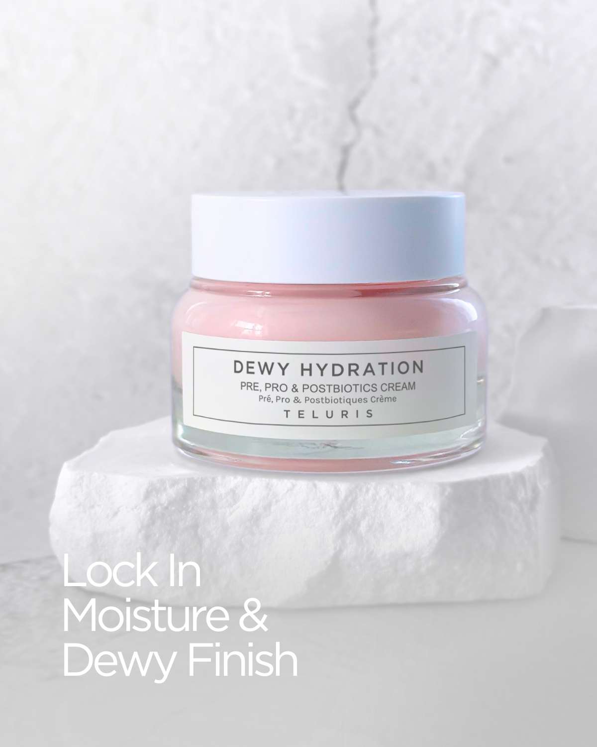 Teluris Dewy Hydration Cream jar on a bright background. Deeply moisturizes and restores skin elasticity.