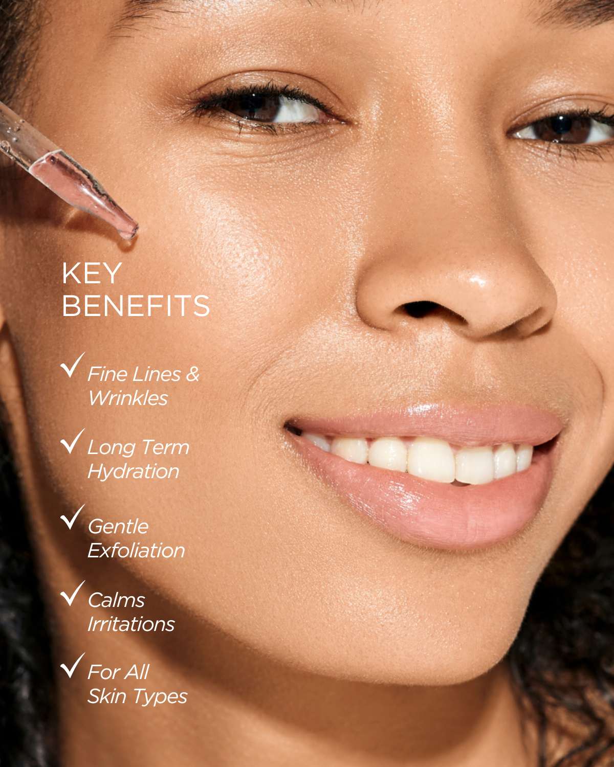 Woman with glowing skin applying Teluris serum. Benefits: plumps skin, hydrates, and boosts radiance.