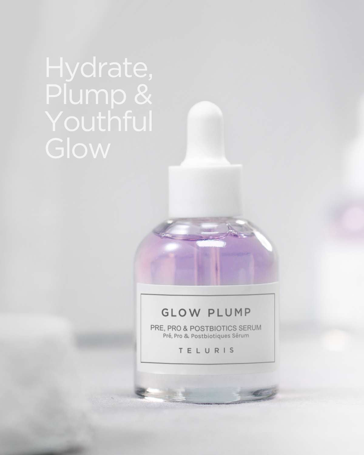 Teluris Glow Plump Serum for deep hydration and youthful radiance on a bright, clean background.