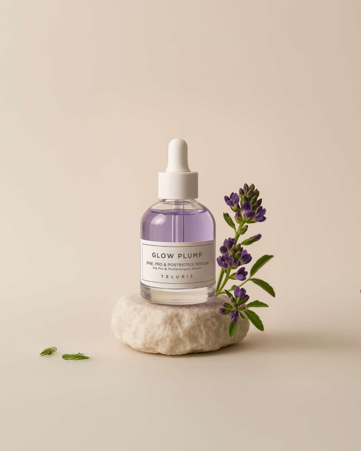 Teluris Glow Plump Serum bottle styled with natural pink flowers for a floral skincare aesthetic.
