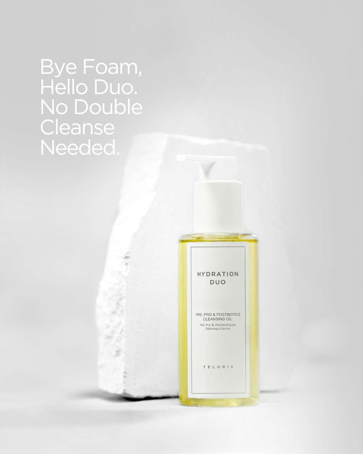 Teluris Hydration Duo Cleansing Oil bottle on a bright background. Dissolves makeup and excess sebum.