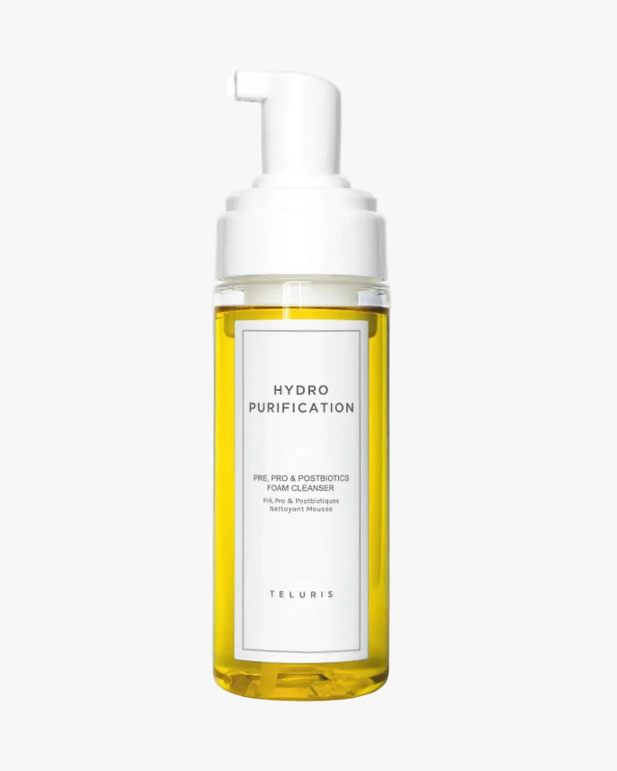 Teluris Hydro Purification Foam Cleanser with Pre Pro and Postbiotics in a clear pump bottle.