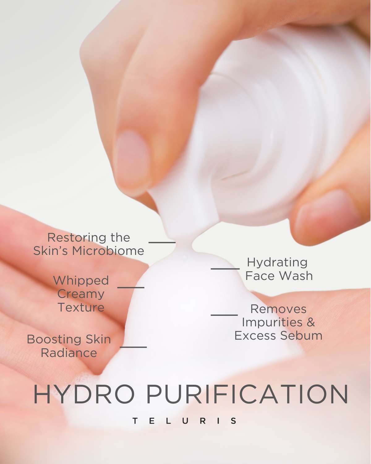 Close-up of Teluris whipped creamy texture foam being dispensed onto a hand to restore skin microbiome.