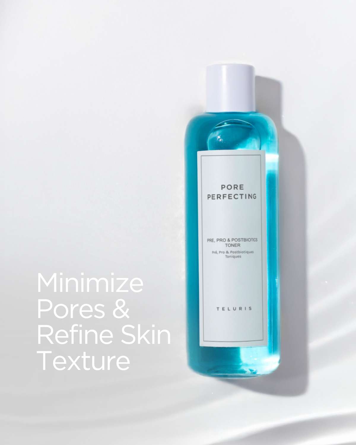 Teluris Pore Perfecting Toner to minimize pores and refine skin texture on a bright background.